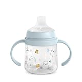 Suavinex, Vaso Aprendizaje Bebé con Boquilla de Silicona y Asas, Biberón con Asas, con Sistema Anticólico, Tapa Protectora, Vaso Antiderrame, 150 ml, para Bébés +6 Meses, Apto Lavavajillas, Bears Azul