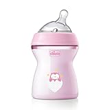 Chicco NaturalFeeling Biberón Anticólicos 2+ Meses, 250 ml, con Tetina Inclinada de Silicona Suave y Doble Válvula Anti Cólicos, Alimentación Natural y Lactancia Mixta - Rosa