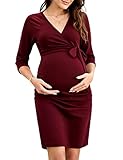 KOJOOIN Elegante vestido de maternidad para mujer, cuello en V, vestido de maternidad, vestido de maternidad con pliegues (embalaje múltiple), Vino Rojo (Manga 3/4), S