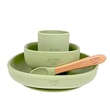 Althea Living - Vajilla bebé silicona orgánica - 4 piezas - Plato cuadrado y cuenco con ventosa, vaso de aprendizaje y cuchara con mango de bambú (Verde oliva)