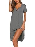 Ekouaer Camisón Mujer Manga Corta Lactancia Ropa de Dormir Botone Premama Camisones, Gris, XL