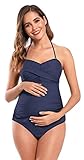 SHEKINI Mujer Embarazadas Traje de Baño Elegente Ajustable Acolchada Traje de Baño de Una Pieza Ruched Talla Grande Vestido de Premama Ropa de Playa（3XL,Azul Oscuro-3