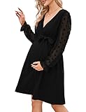 KOJOOIN Vestido Lactancia para Mujer Vestidos Maternidad de Manga Larga de Tul con Cuello en V Punto Suizo Falda Embarazada con cinturón (Embalaje MÚLTIPLE), A-Negro, M