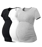 LAPASA Camiseta de Manga Corta para Premamá T-Shirt Embarazada Maternidad (Pack de 3) L55 XXL 1 Negro, 1 Gris Jaspeado, 1 Blanco