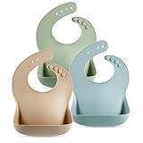 PandaEar (Paquete de 3 Lindos Baberos de Silicona para Bebés y Niños Pequeños (10-72 Meses) Impermeables, Suaves, Unisex, No Desordenados (Marrón/Azul/Verde)