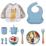 Vajilla de Bebé Silicona, 10 piezas Juegos de vajilla infantil, Cubiertos con plato ventosa, Plato Bebe Ventosa,Tenedor con mango de madera, bebe de silicona, Babero Set vajilla silicona bebe