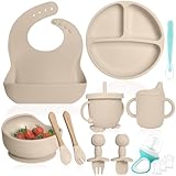 Bluet B Baby - Vajilla Bebe Silicona - Plato Bebe Ventosa - Vajilla Infantil Antideslizante sin BPA - Set Silicona Platos Bebe - Cubiertos Bebe BLW - Chupete Alimenticio - 11 piezas (Beige)