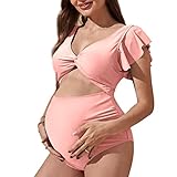 Harssidanzar Traje de baño para Mujeres Embarazadas,Traje de baño de Verano de Cintura Alta Corte Esponjoso KL301EU,Rosa,Talla S