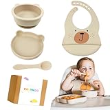 Vajilla de Silicona para Bebé con Ventosa - Set Aprendizaje Comida BLW, No Huele - Cuenco y Plato Ventosa Infantil, Babero y Cuchara Iniciación (Beige)