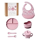 Edrian, set juego vajilla Bebe 6 piezas silicona libre de BPA ideal bebes, no toxico plato antideslizante+bol con ventosa+vaso+cubiertos iniciación+babero ajustable recogedor,para regalo, Color Rosa
