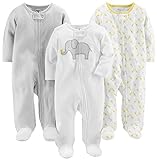 Simple Joys by Carter's 3-Pack Neutral Sleep and Play Infant Toddler-Bodysuits, Blanco Elefante/Gris Claro Mini Rayas/Jirafa, 0 Meses (Pack de 3) Unisex bebé